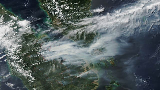 Rauchschwaden: Dichter Rauch zieht von den Wald- und Plantagenbränden auf Sumatra Richtung Malaysia und Singapur.