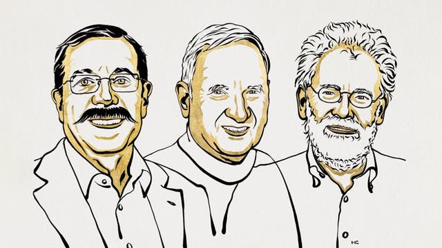 Illustrationen zeigen die Physik-Nobelpreisträger 2022: Alain Aspect (l), John Clauser (m) und Anton Zeilinger (r).