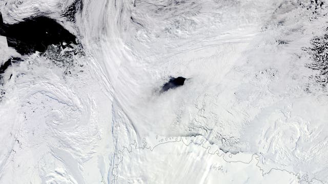 Mitten in einem großen, weißen Eisschelf öffnet sich ein Loch namens Maud-Rise-Polyna mit offenem Wasser (schwarz)