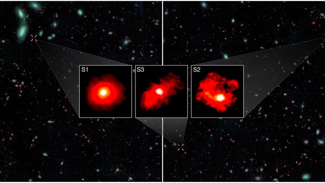 Rote-Monster-Galaxien im jungen Universum, drei Flecken, aufgenommen mit dem James Webb Space Telescope.