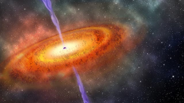 Die Energiequelle eines Quasars ist ein ex­trem massereiches Schwarzes Loch, das von einer Akkretionsscheibe aus heißer Materie umgeben ist, von der senkrecht in entgegengesetzte Richtungen zwei Jets entspringen (künstlerische Darstellung).