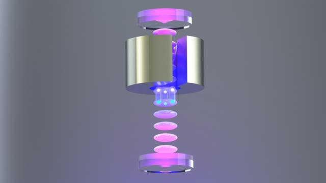 Schematische Darstellung des Gitter-Atominterferometrie-Versuchs zur Bestimmung der Gravitationskonstanten
