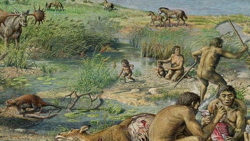 Rekonstruierte Szene aus dem Leben der ersten Siedler in Happisburgh vor rund 800 000 Jahren