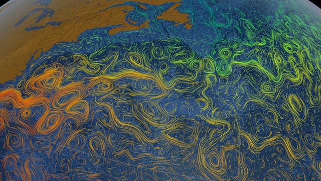 Die Grafik zeigt die einzelnen Wirbel des Golfstromes im Atlantik. Je nach Temperatur haben die Wirbel unterschiedliche Farben. Warme Bereiche sind rot und gelb, kühlere dagegen eher grün gefärbt