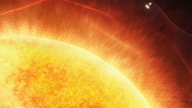 Künstlerische Darstellung: Die Parker Solar Probe fliegt durch die Korona der Sonne. 