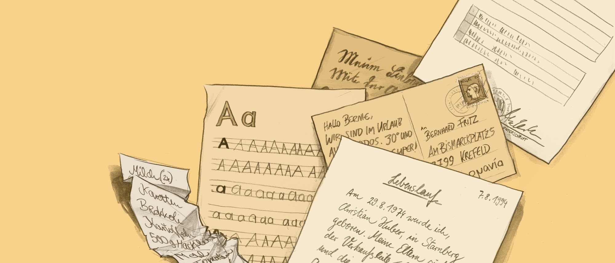 Illustration von Handschriften auf Postkarten, Zetteln und Dokumenten Illustration von Handschriften auf Postkarten, Zetteln und Dokumenten