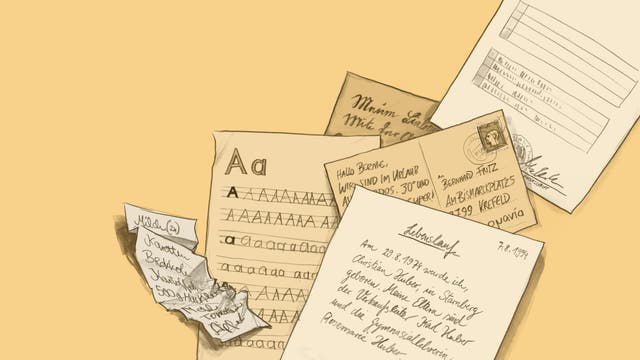 Illustration von Handschriften auf Postkarten, Zetteln und Dokumenten