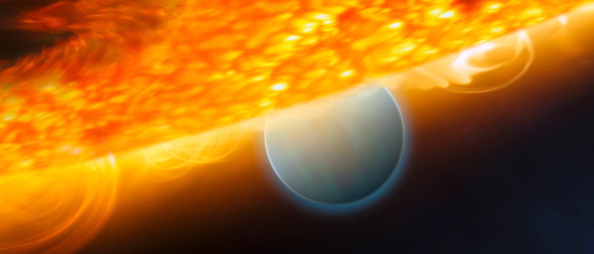 Künstlerische Darstellung von HD 189733 mit seinem Planeten Künstlerische Darstellung von HD 189733 mit seinem Planeten