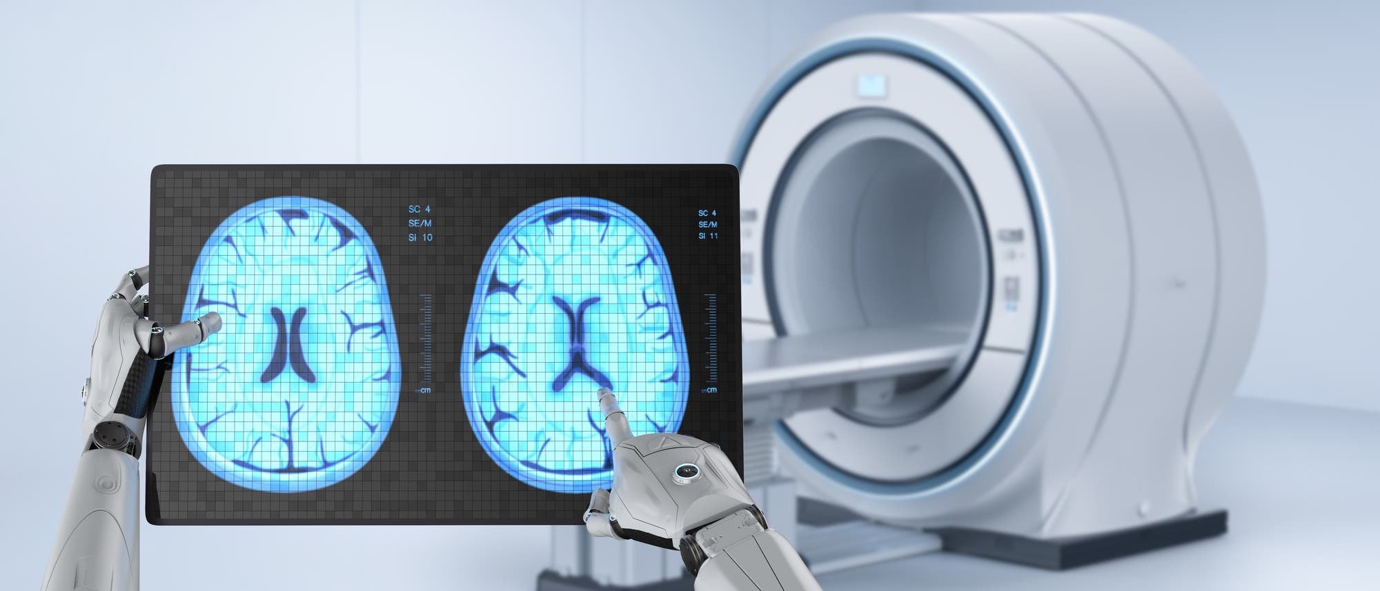 Ein Roboter studiert einen Hirnscan Ein Roboter studiert einen Hirnscan
