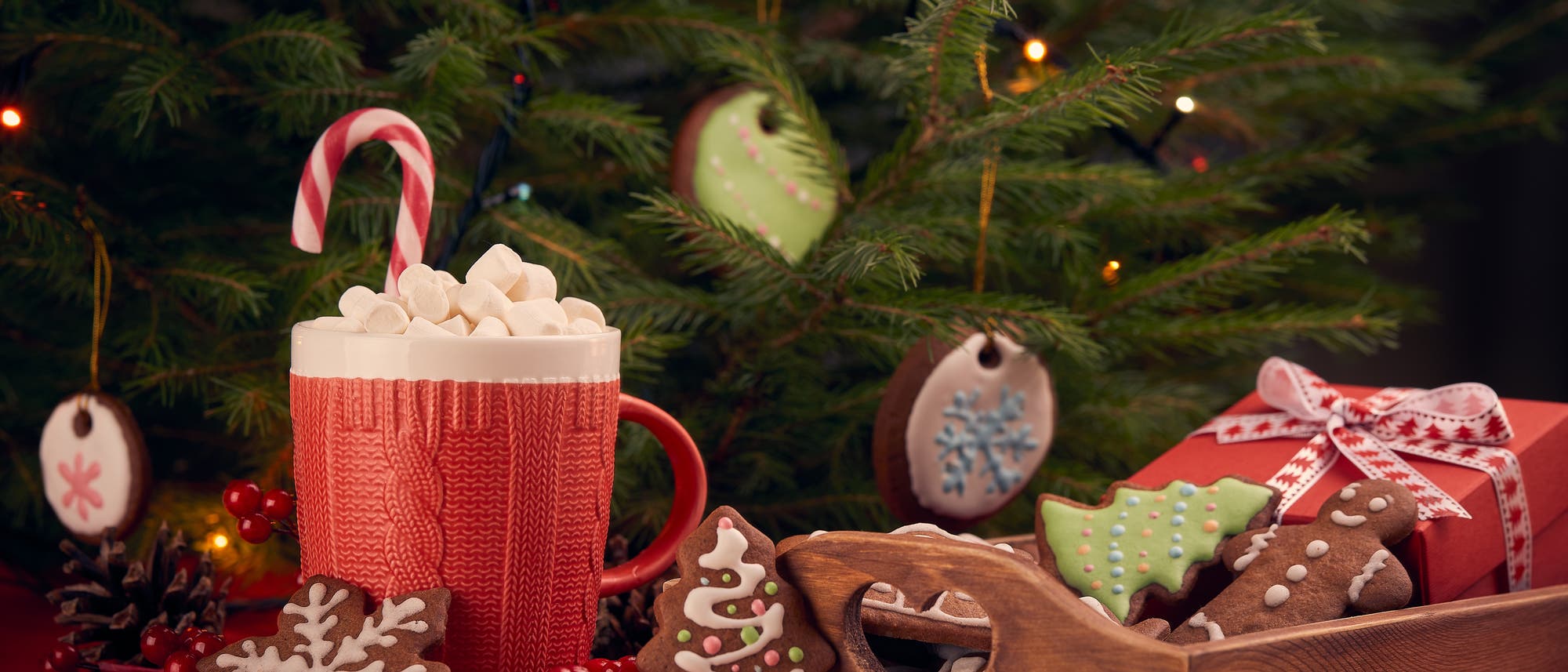 Marshmallows, Lebkuchen und Geschenke unterm Weihnachtsbaum Marshmallows, Lebkuchen und Geschenke unterm Weihnachtsbaum