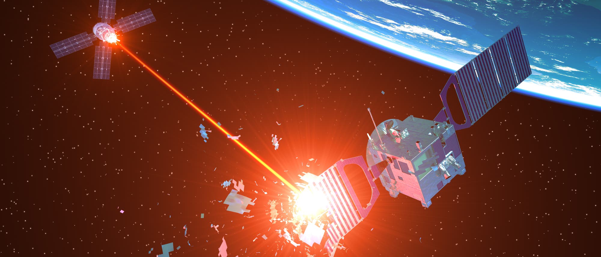 Raumflugkörper attackiert Satelliten mittels Laserstrahl. Raumflugkörper attackiert Satelliten mittels Laserstrahl.