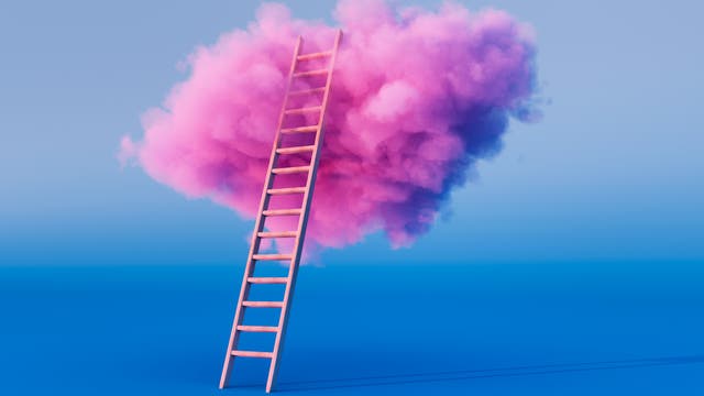 Leiter führt in eine rosafarbene Wolke