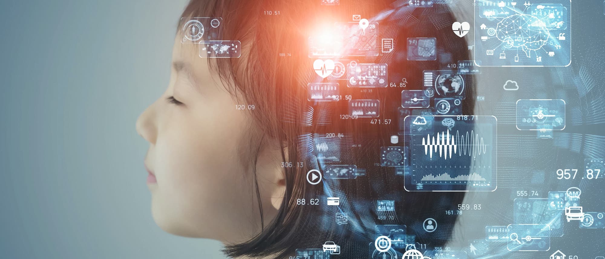 Mädchenkopf umkreist von neuronalen Informationen Mädchenkopf umkreist von neuronalen Informationen