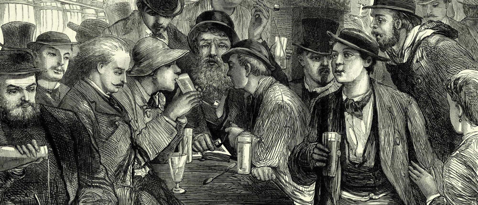 Illustration eines Pariser Lokals im 19. Jarhundert. Die Gäste trinken Absinth. Illustration eines Pariser Lokals im 19. Jarhundert. Die Gäste trinken Absinth.