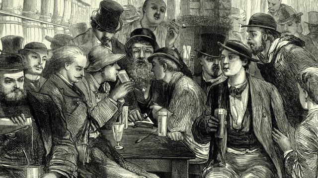 Illustration eines Pariser Lokals im 19. Jarhundert. Die Gäste trinken Absinth.