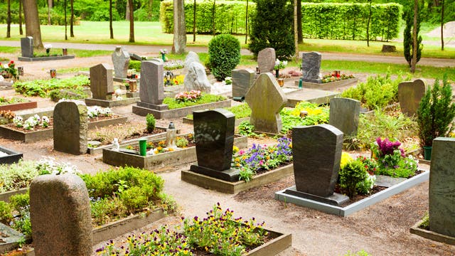 Blick auf einen Friedhof mit schlichten, modernen Grabsteinen.