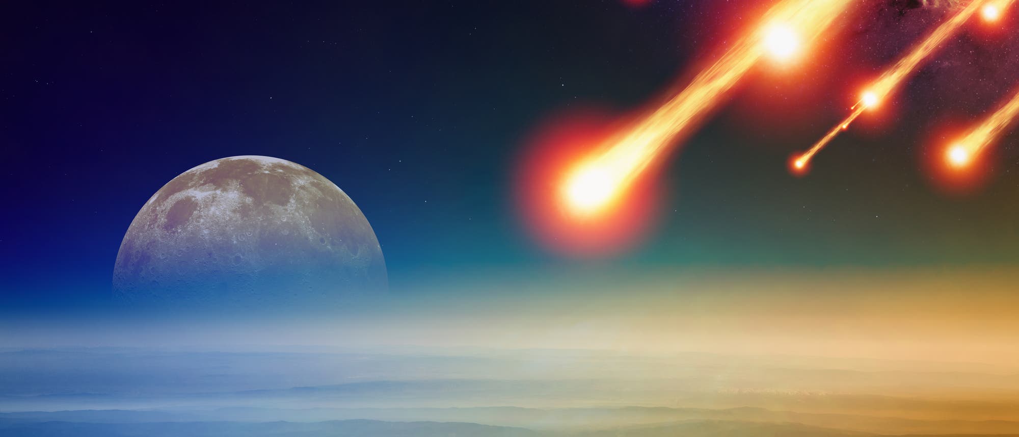 Mehrere Feuerkugeln hoch über einer Küste mit einem minimal zu großen Mond im Hintergrund. Eigentlich soll das ein Asteroideneinschlag sein, aber tatsächlich sieht das eher nach einem kontrollierten De-orbiting aus. Mit der kleinen Feinheit, dass das eigentlich nicht über Land passieren sollte. Mehrere Feuerkugeln hoch über einer Küste mit einem minimal zu großen Mond im Hintergrund. Eigentlich soll das ein Asteroideneinschlag sein, aber tatsächlich sieht das eher nach einem kontrollierten De-orbiting aus. Mit der kleinen Feinheit, dass das eigentlich nicht über Land passieren sollte.