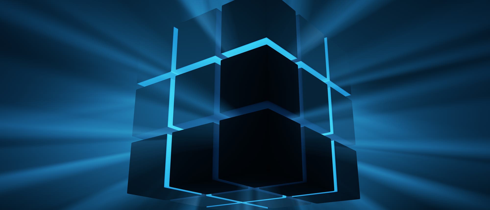 Ein sehr abstrakter Rubik-Würfel aus bläulichem Licht und schwarzen Kuben. Sieht sehr Sci-Fi-mäßig aus, aber wir wissen ja: wirklich revolutionäre Dinge haben runde Ecken. Ein sehr abstrakter Rubik-Würfel aus bläulichem Licht und schwarzen Kuben. Sieht sehr Sci-Fi-mäßig aus, aber wir wissen ja: wirklich revolutionäre Dinge haben runde Ecken.