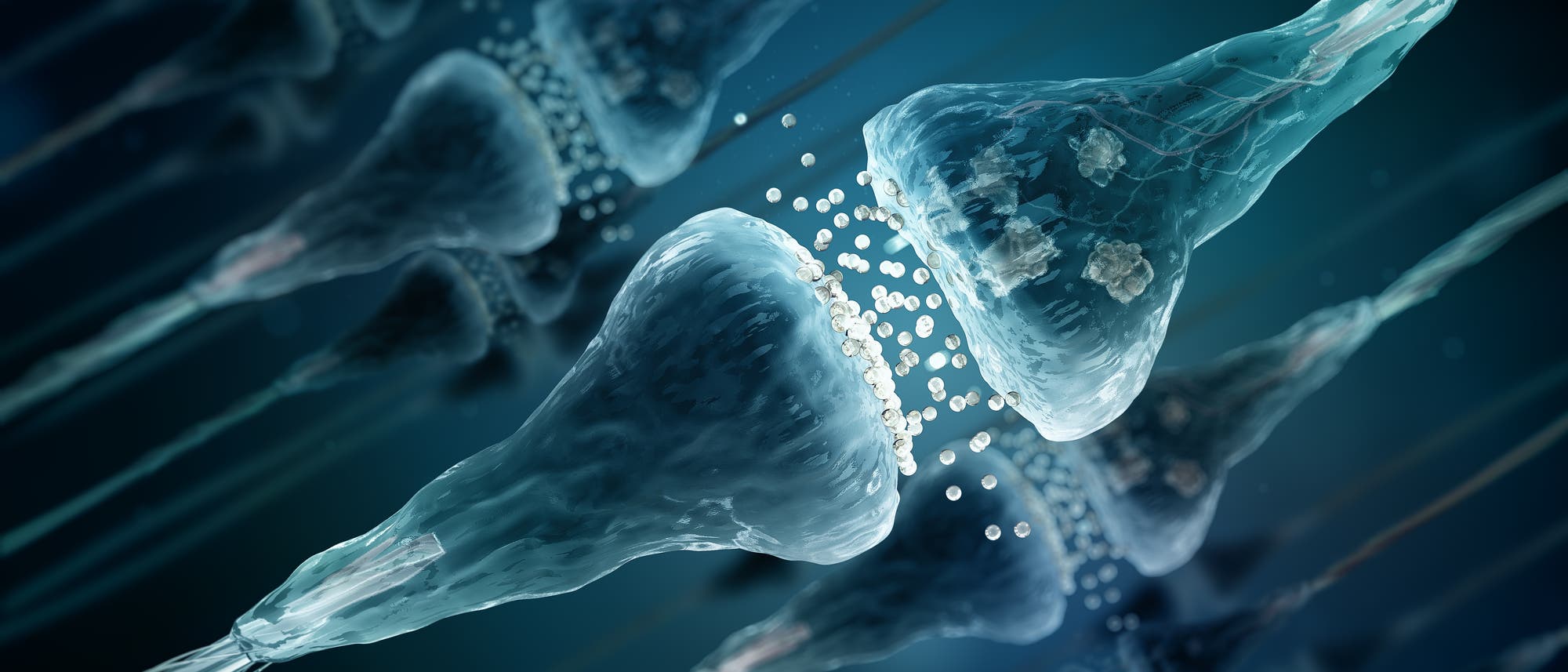 Synapsen beim Ausschütten von Neurotransmittern (Illustration) Synapsen beim Ausschütten von Neurotransmittern (Illustration)