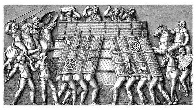 Römer belagern eine Festung der Markomannen. Umzeichnung eines Reliefs auf der Marcussäule in Rom, 2. Jahrhundert n. Chr.