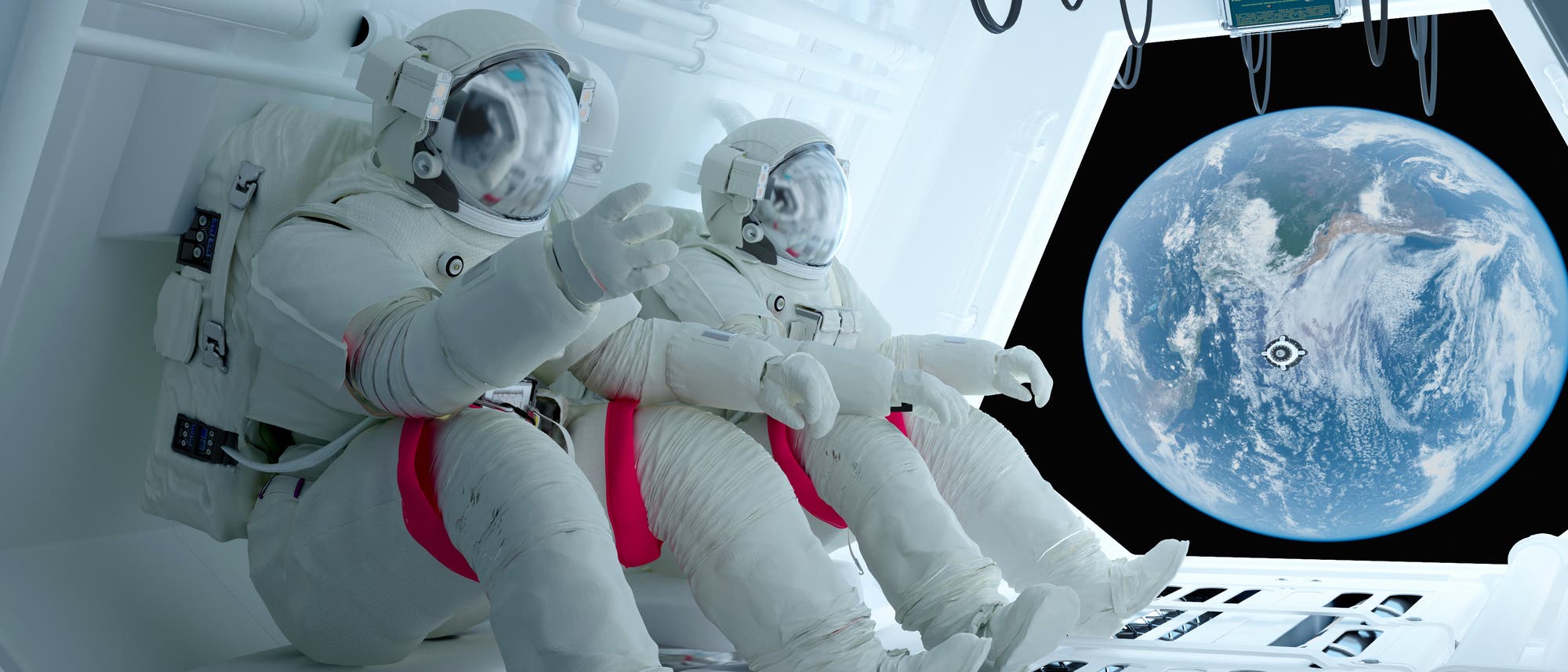 Astronauten an Bord einer fiktiven Raumstation Astronauten an Bord einer fiktiven Raumstation