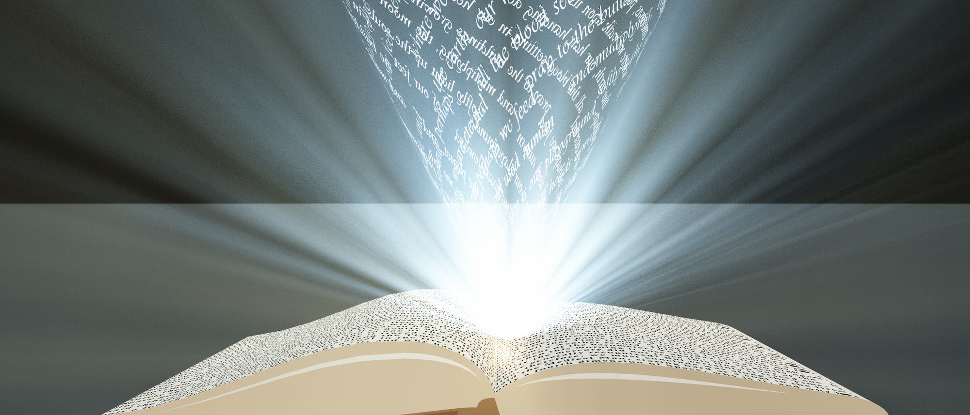 Als Buchstabensuppenlicht symbolisiertes Wissen entsprudelt einem geöffneten Buch Als Buchstabensuppenlicht symbolisiertes Wissen entsprudelt einem geöffneten Buch