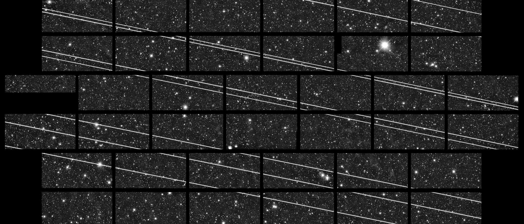 Rund 20 Satelliten hat die DECam des Cerro Tololo Inter-American Observatory (CTIO) kurz nach dem Start im November 2019 aufgenommen. Rund 20 Satelliten hat die DECam des Cerro Tololo Inter-American Observatory (CTIO) kurz nach dem Start im November 2019 aufgenommen.