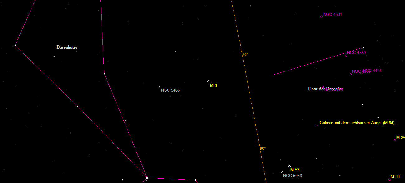Aufsuchkarte für die Kugelsternhaufen Messier 3 und Messier 53 