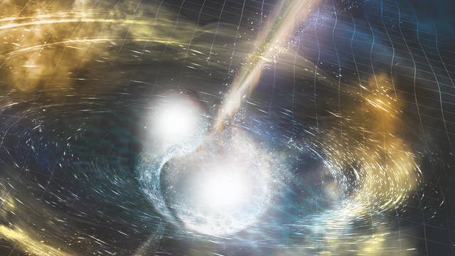 Wenn zwei Neutornensterne kollidieren, versetzen sie die Raumzeit in Schwingung - und feuern extrem energiereiche Strahlenbündel ins Weltall.