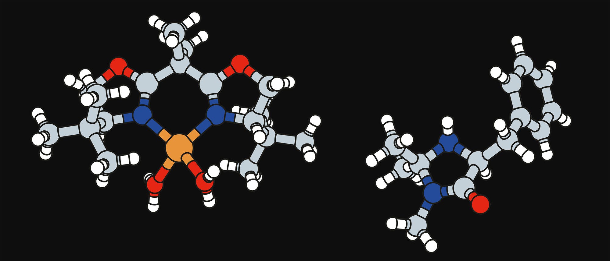 Katalysatoren für Metathese. Links: klassischer Metallkatalysator. Rechts: Organokatalysator. Katalysatoren für Metathese. Links: klassischer Metallkatalysator. Rechts: Organokatalysator.