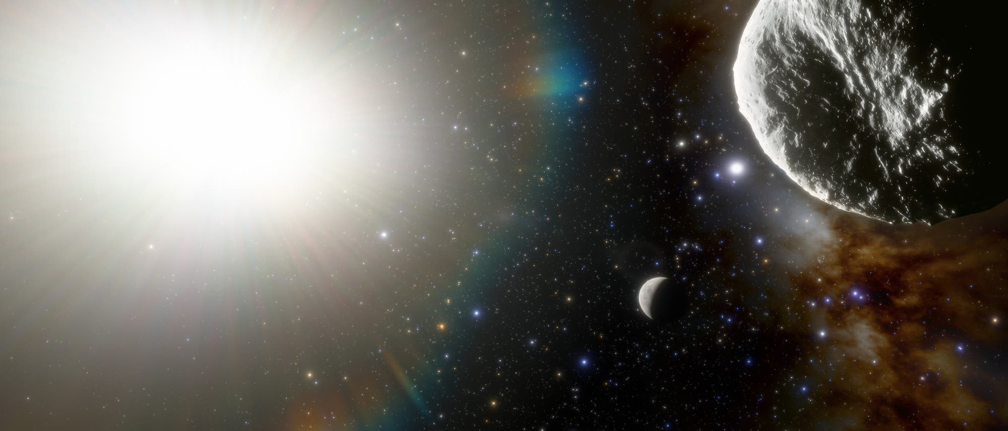 Illustration des Asteroiden 2021 PH27, rechts im Bild. In der Mitte ist der Planet Merkur wiedergegeben, links die Sonne.