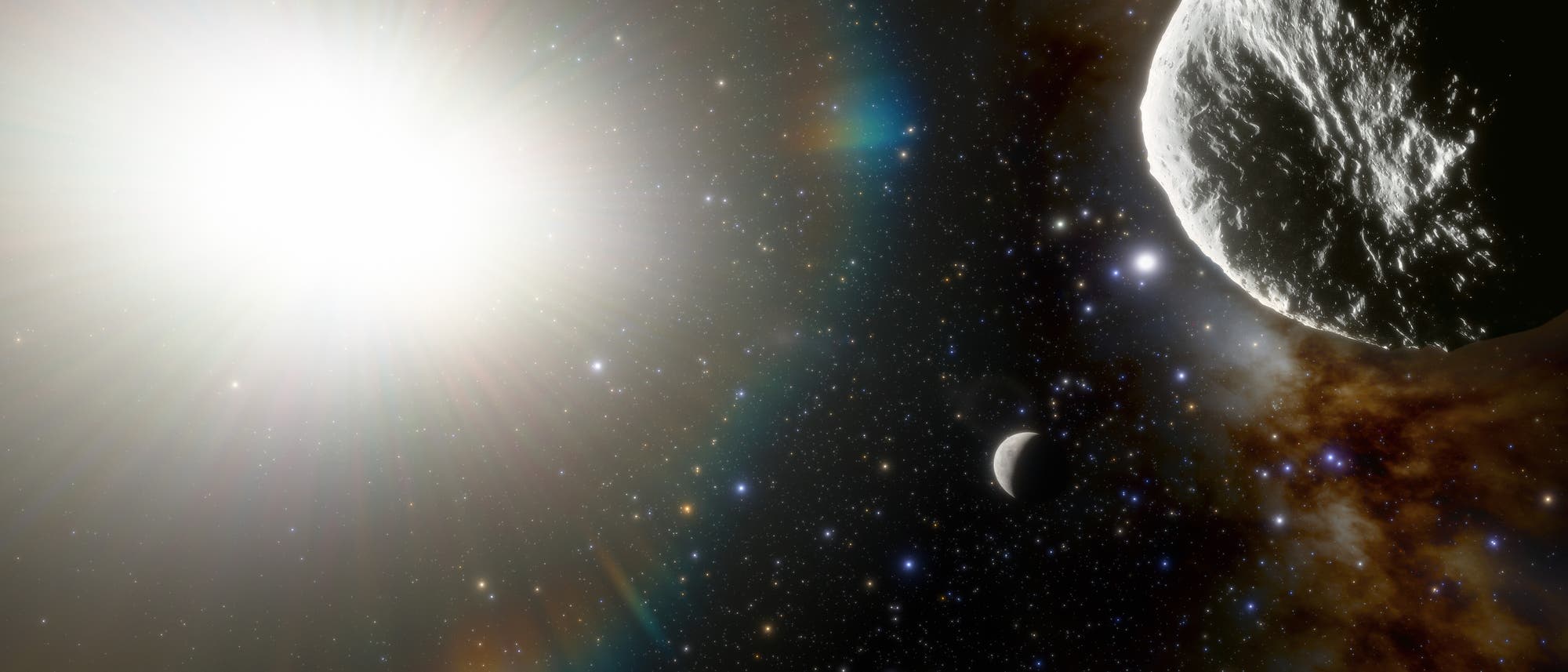 Illustration des Asteroiden 2021 PH27, rechts im Bild. In der Mitte ist der Planet Merkur wiedergegeben, links die Sonne. Illustration des Asteroiden 2021 PH27, rechts im Bild. In der Mitte ist der Planet Merkur wiedergegeben, links die Sonne.