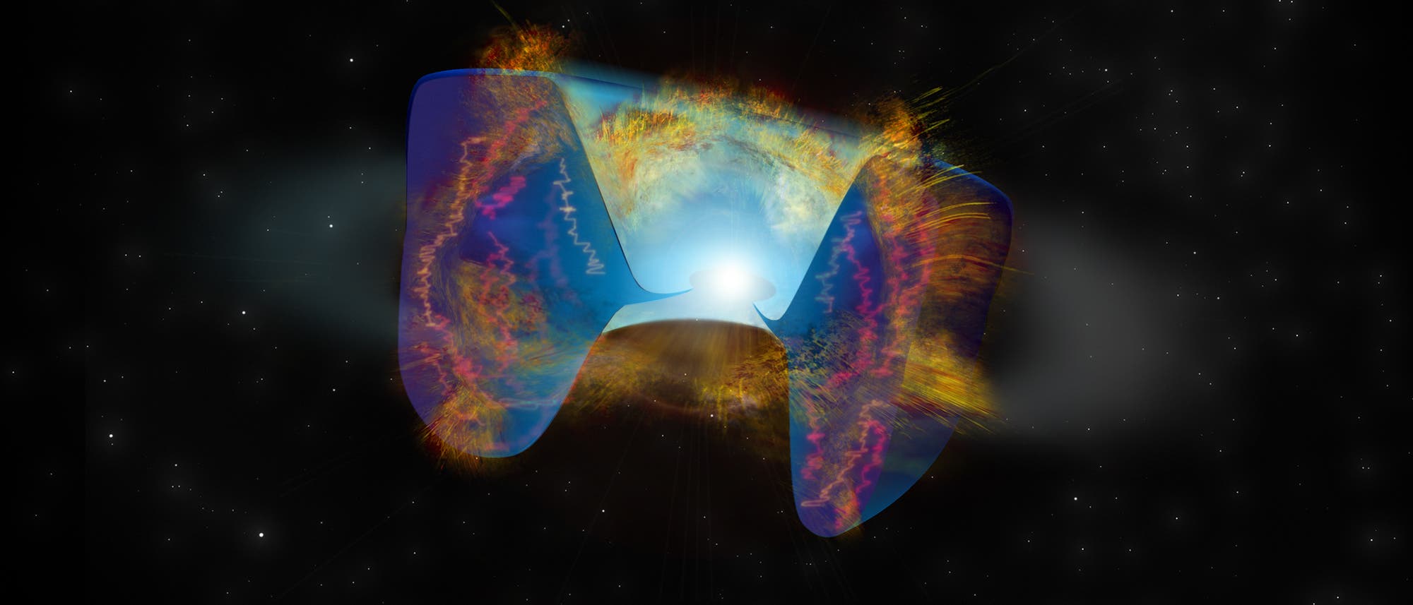Die sich schnell bewegenden Trümmer einer Supernova, die durch eine Sternkollision ausgelöst wurde, prallen auf Material, das zuvor herausgeschleudert wurde. De Erschütterungen verursachen helle Radioemissionen. Die sich schnell bewegenden Trümmer einer Supernova, die durch eine Sternkollision ausgelöst wurde, prallen auf Material, das zuvor herausgeschleudert wurde. De Erschütterungen verursachen helle Radioemissionen.