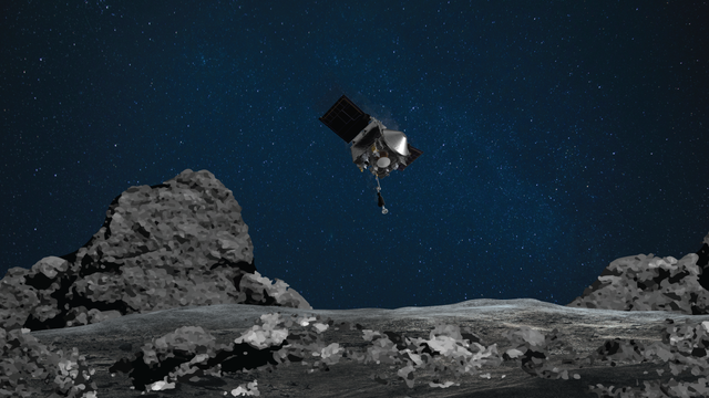 Die Grafik zeigt den Anflug der Raumsonde OSIRIS-REx auf Asteroid Bennu.