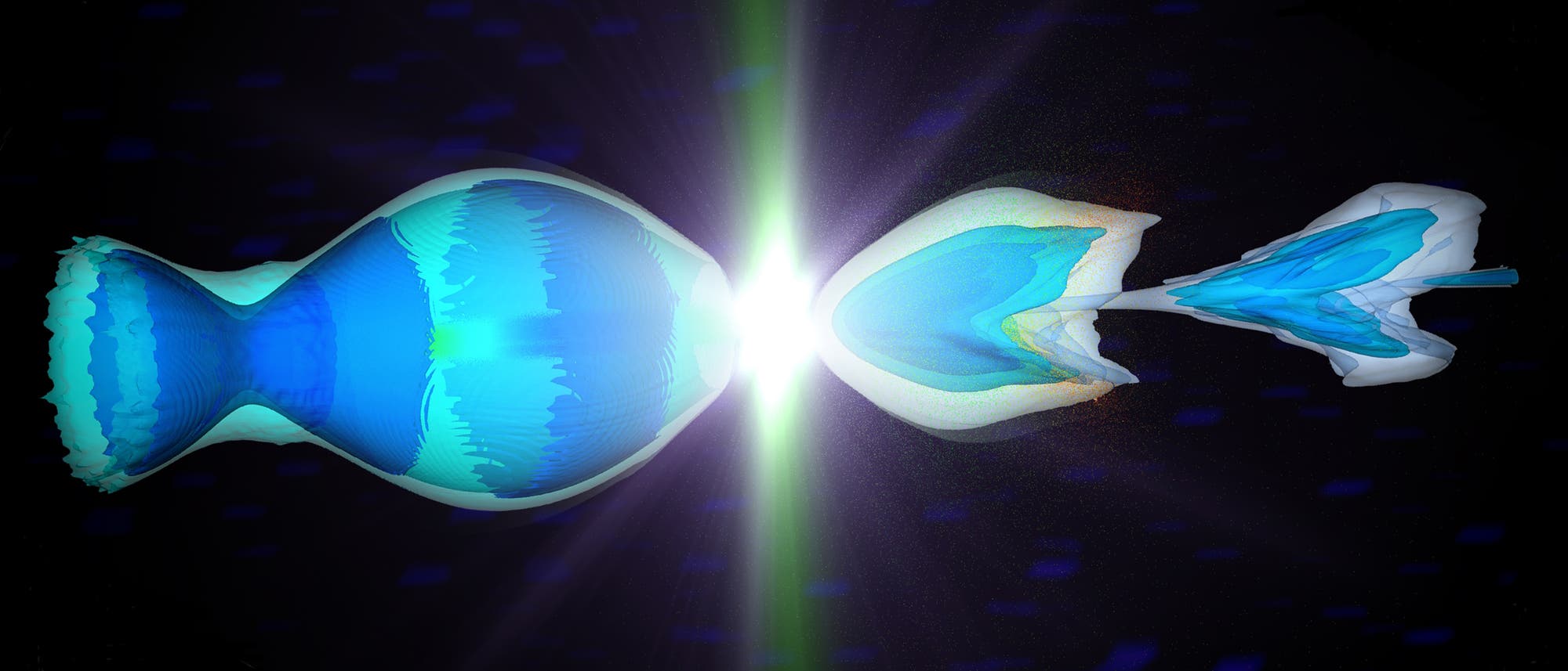 In einer Computersimulation stoßen Elektronen und Positronen zusammen, die zuvor von Plasmafeldern beschleunigt wurden. In einer Computersimulation stoßen Elektronen und Positronen zusammen, die zuvor von Plasmafeldern beschleunigt wurden.