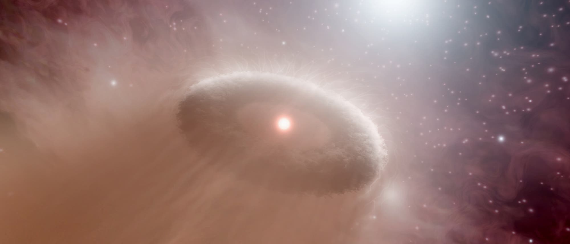 Künstlerische Darstellung einer verdampfenden protoplanetaren Scheibe um einen jungen Stern Künstlerische Darstellung einer verdampfenden protoplanetaren Scheibe um einen jungen Stern