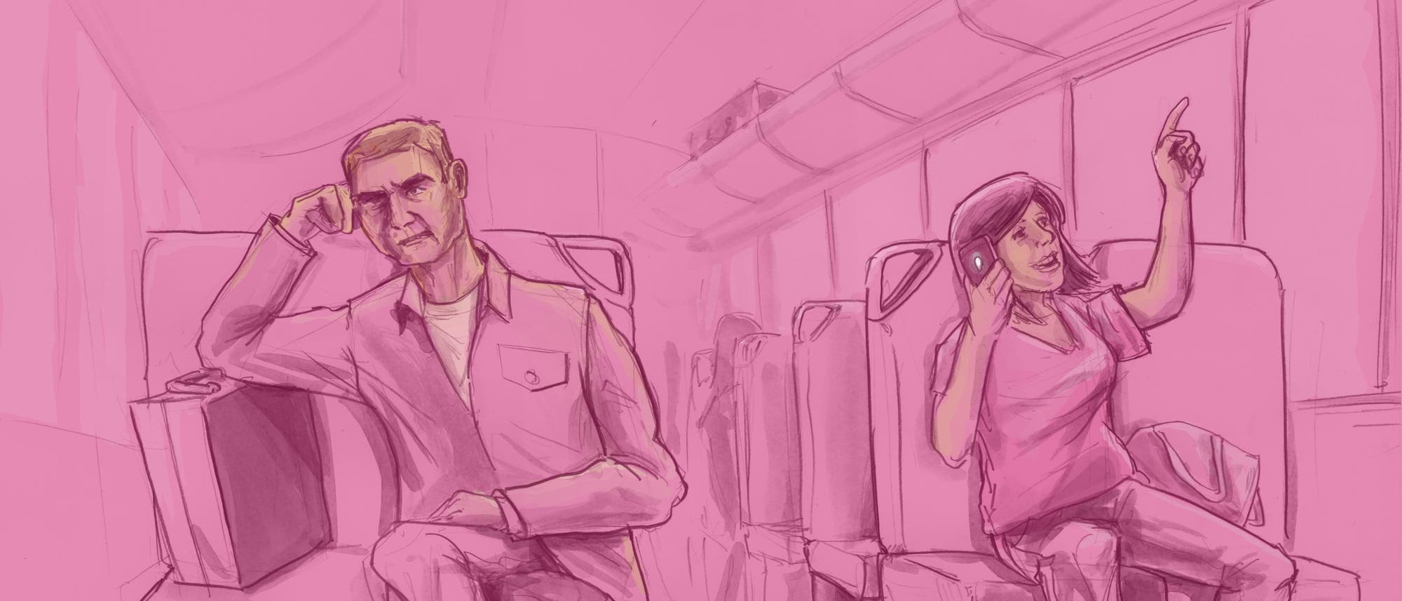 Illustration von Reisenden in der Bahn: Eine Frau telefoniert fröhlich, ein Mann guckt genervt Illustration von Reisenden in der Bahn: Eine Frau telefoniert fröhlich, ein Mann guckt genervt