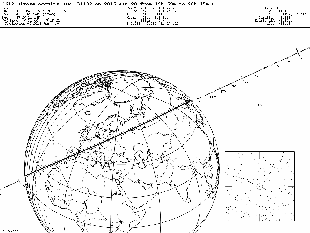 Der Asteroid (1612) Hirose bedeckt den Stern HIP 31102 (Finsternispfad) Der Asteroid (1612) Hirose bedeckt den Stern HIP 31102 (Finsternispfad)