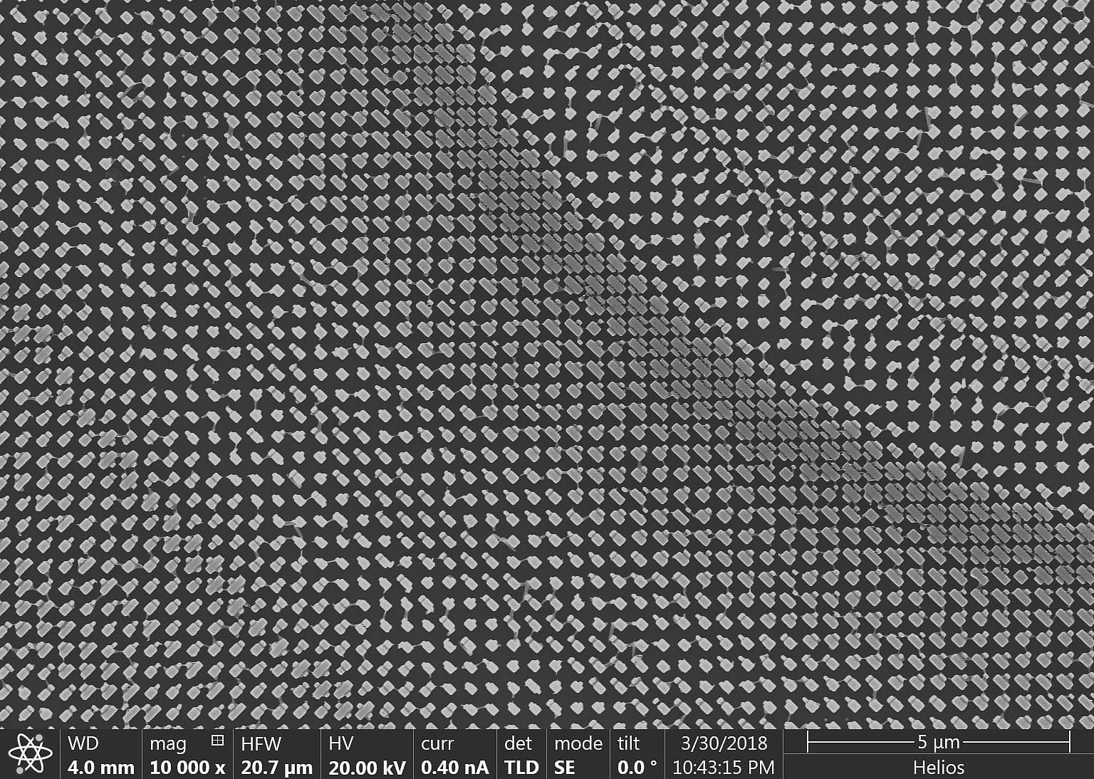 Rasterelektronenmikroskopische Aufnahme mit einem Teil der Metalinse mit zahlreichen Nanostrukturen Rasterelektronenmikroskopische Aufnahme mit einem Teil der Metalinse mit zahlreichen Nanostrukturen