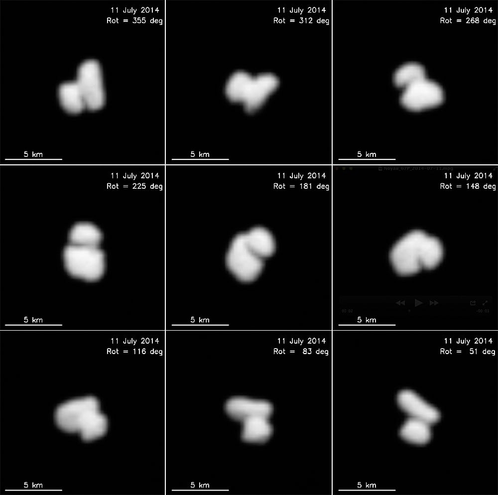 Der Kern des Kometen 67P/Tschurjumow-Gerasimenko am 11. Juli 2014 (Aufnahme von Rosetta) Der Kern des Kometen 67P/Tschurjumow-Gerasimenko am 11. Juli 2014 (Aufnahme von Rosetta)