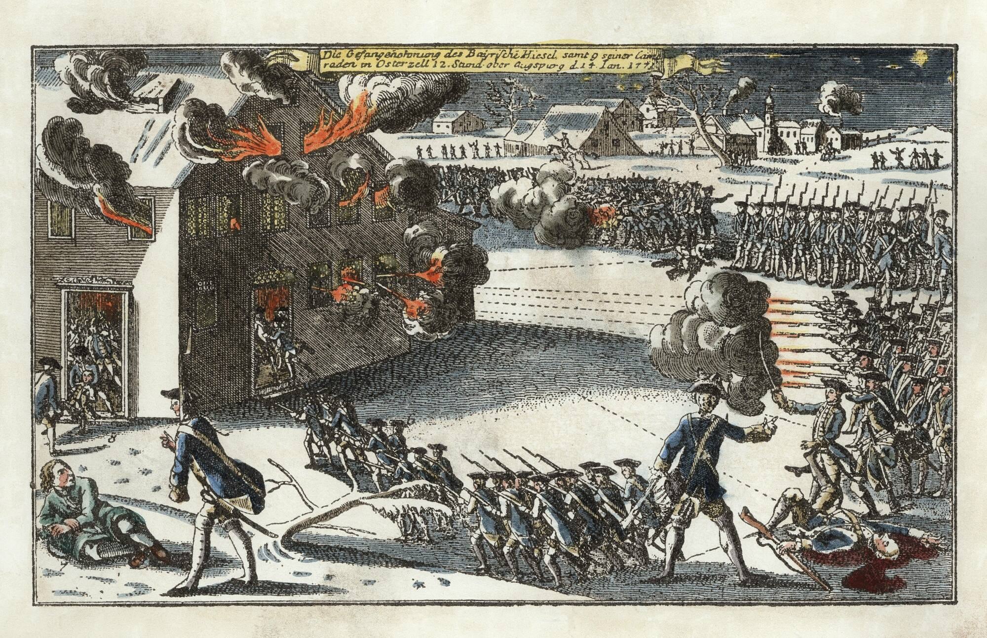 Angriff auf die Bande um den Hiasl in der »Post« in Osterzell, zeitgenössische Illustration Angriff auf die Bande um den Hiasl in der »Post« in Osterzell, zeitgenössische Illustration