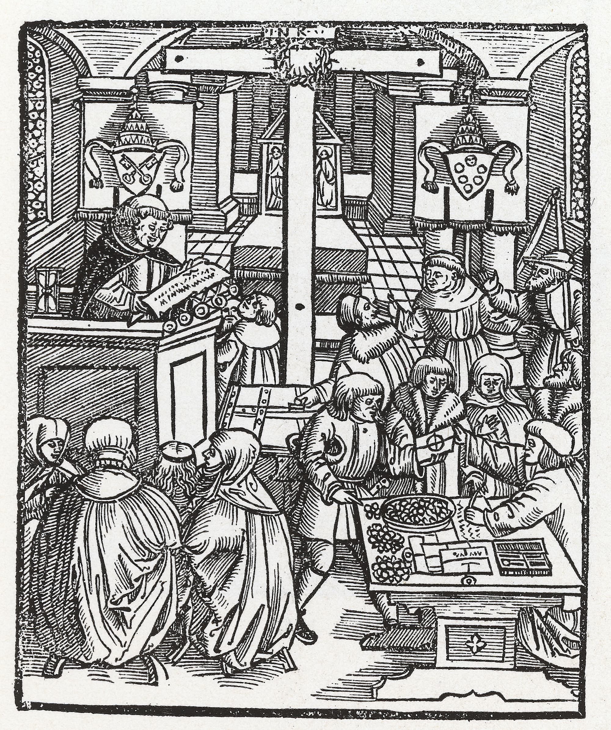 Titelholzschnitt der anonymen Schrift gegen den Ablasshandel: On Aplas von Rom kan man wol selig werden (...) von 1518. Titelholzschnitt der anonymen Schrift gegen den Ablasshandel: On Aplas von Rom kan man wol selig werden (...) von 1518.