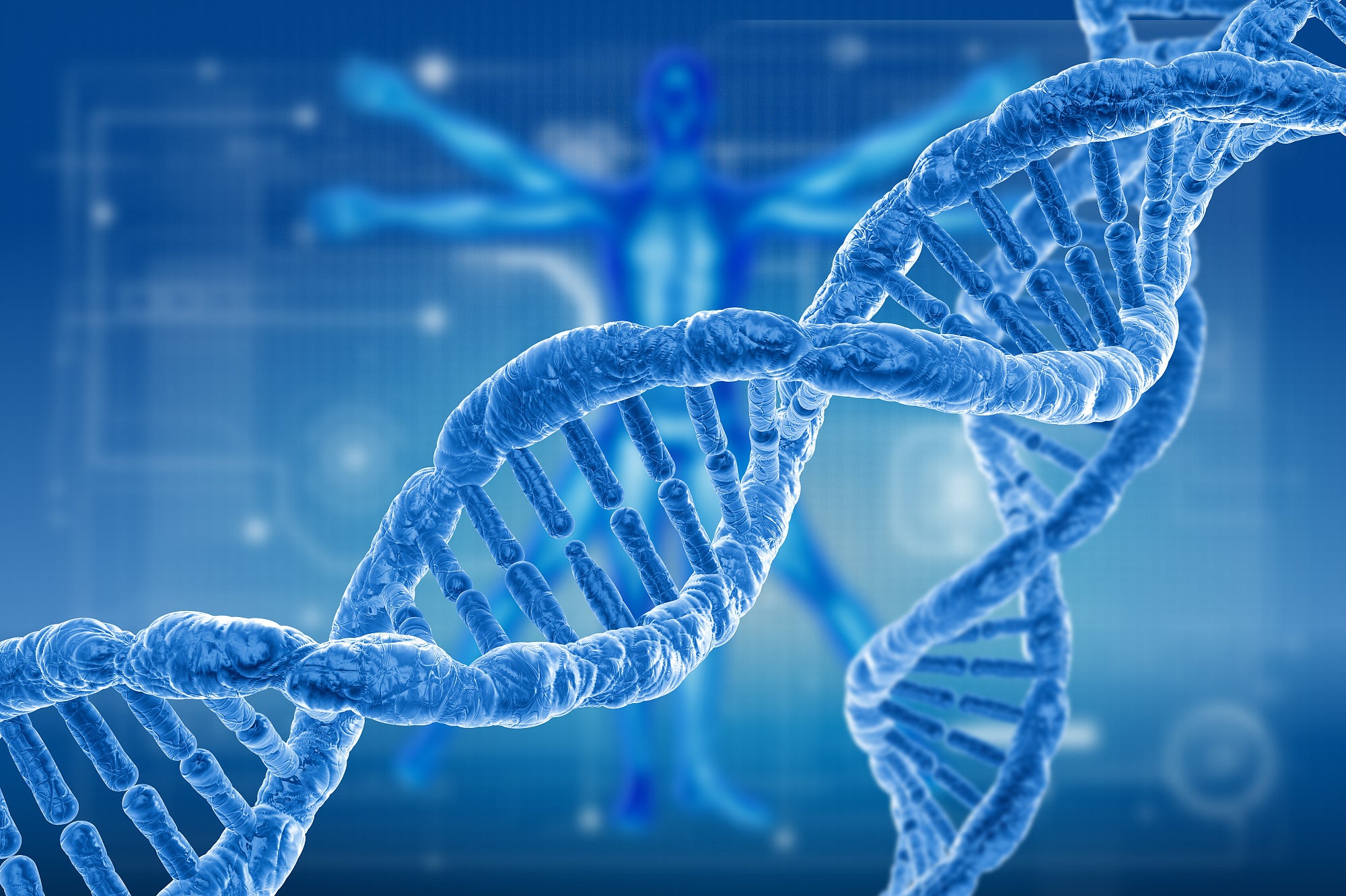 Ein blauer stilisierter DNA-Strang vor blauem Hintergrund Ein blauer stilisierter DNA-Strang vor blauem Hintergrund
