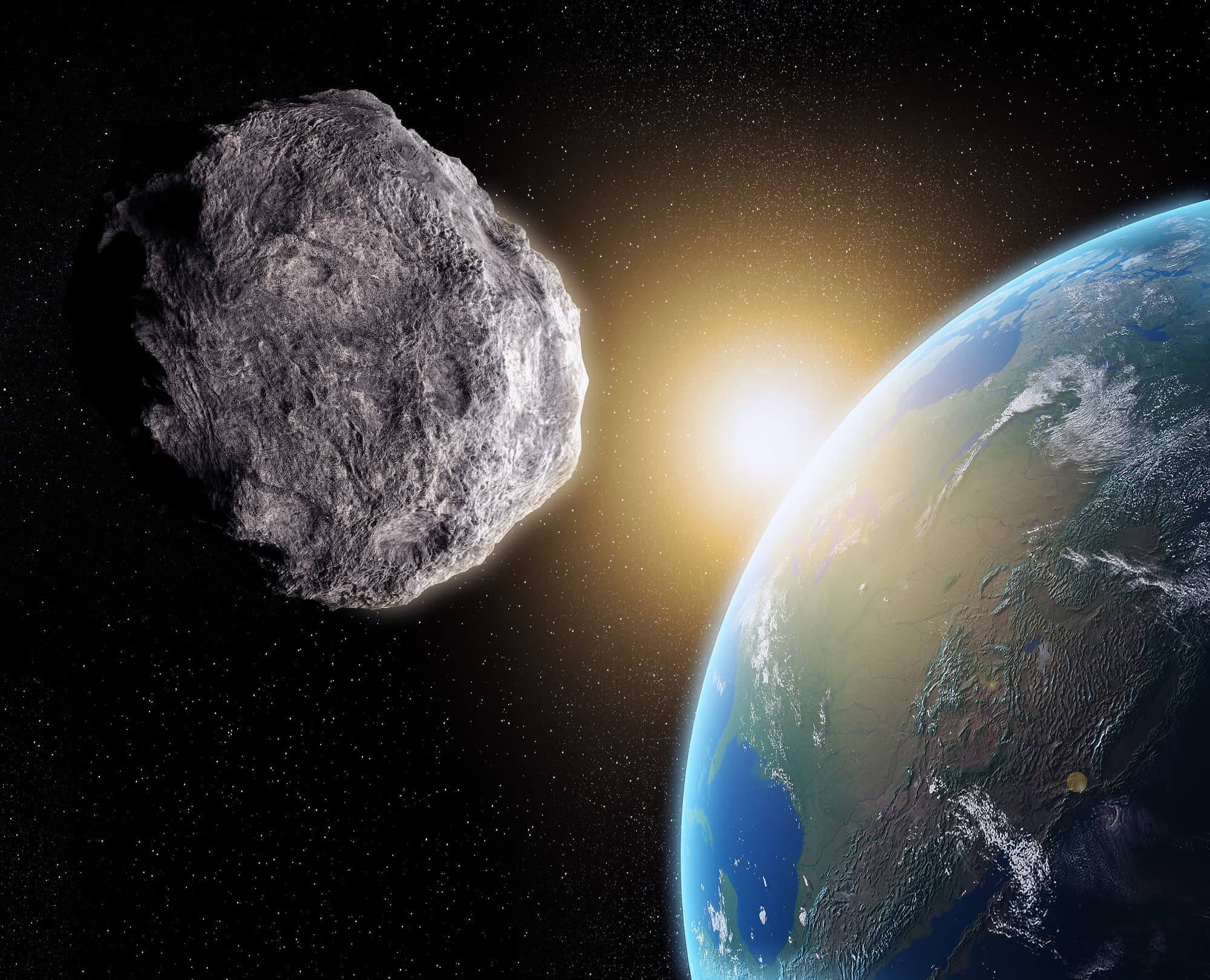 Ein Asteroid im Vordergrund fliegt auf die Erde zu. Wird er treffen? Viel spannender ist allerdings eine andere Frage: Wie kommt es eigentlich, dass die von Sonne und Erde abgewandte Seite des Asteroiden so exzellent ausgeleuchtet ist? Ein Asteroid im Vordergrund fliegt auf die Erde zu. Wird er treffen? Viel spannender ist allerdings eine andere Frage: Wie kommt es eigentlich, dass die von Sonne und Erde abgewandte Seite des Asteroiden so exzellent ausgeleuchtet ist?