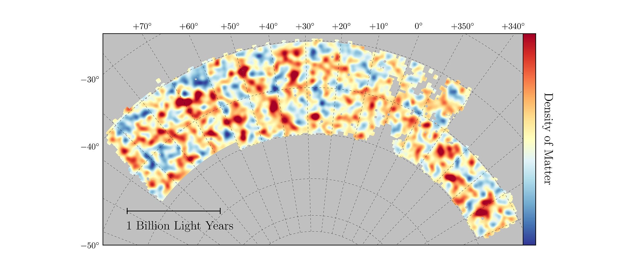 Der Dark Energy Survey (DES) hat in einem großen Abschnitt des südlichen Sternenhimmels bestimmt, wie stark sich die Materie in gewissen Regionen sammelt. Die Messungen liefern Hinweise auf das Wechselspiel von Dunkler Materie und Dunkler Energie: Letztere treibt Galaxien auf großen Skalen auseinander, während Dunkle Materie anziehend wirkt und so lokale Anhäufungen verstärkt. Der Dark Energy Survey (DES) hat in einem großen Abschnitt des südlichen Sternenhimmels bestimmt, wie stark sich die Materie in gewissen Regionen sammelt. Die Messungen liefern Hinweise auf das Wechselspiel von Dunkler Materie und Dunkler Energie: Letztere treibt Galaxien auf großen Skalen auseinander, während Dunkle Materie anziehend wirkt und so lokale Anhäufungen verstärkt.