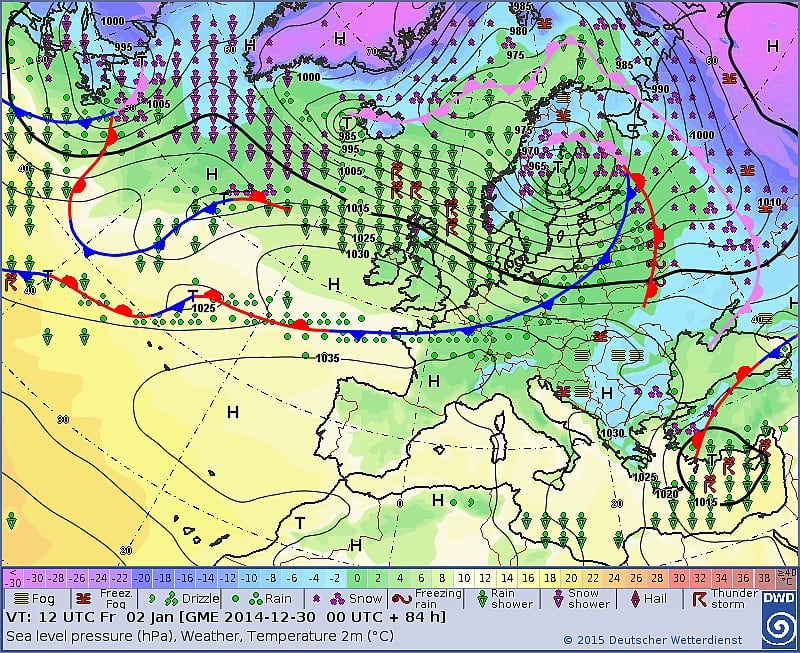 Wetterkarte für Freitag, 02. Januar 2015 Wetterkarte für Freitag, 02. Januar 2015