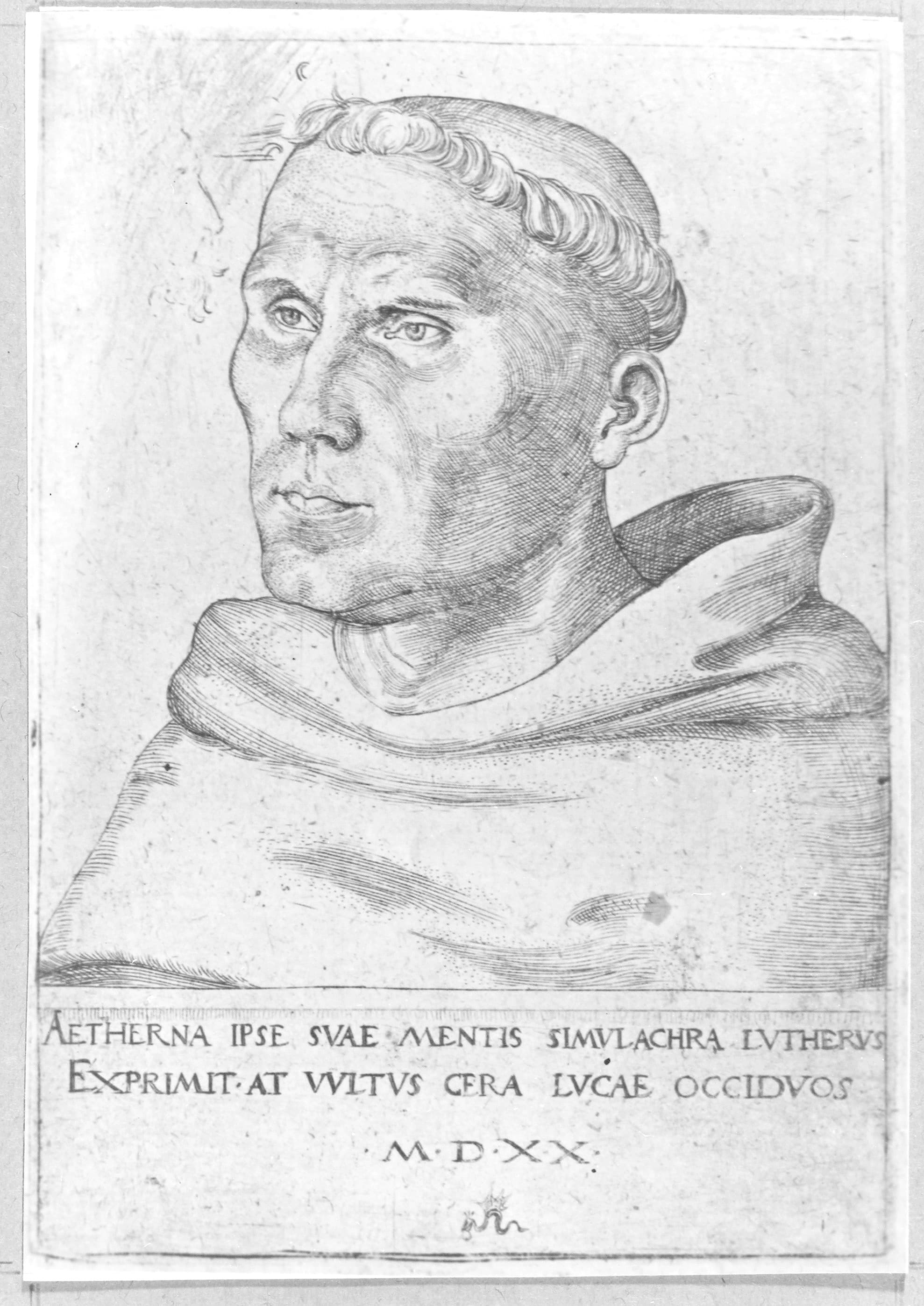 Martin Luther als Mönch. Kupferstich von Lucas Cranach dem Älteren, 1520 Martin Luther als Mönch. Kupferstich von Lucas Cranach dem Älteren, 1520