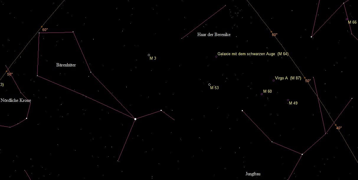 Die Kugelsternhaufen Messier 13 und 53 im Sternbild Bärenhüter (Aufsuchkarte) Die Kugelsternhaufen Messier 13 und 53 im Sternbild Bärenhüter (Aufsuchkarte)