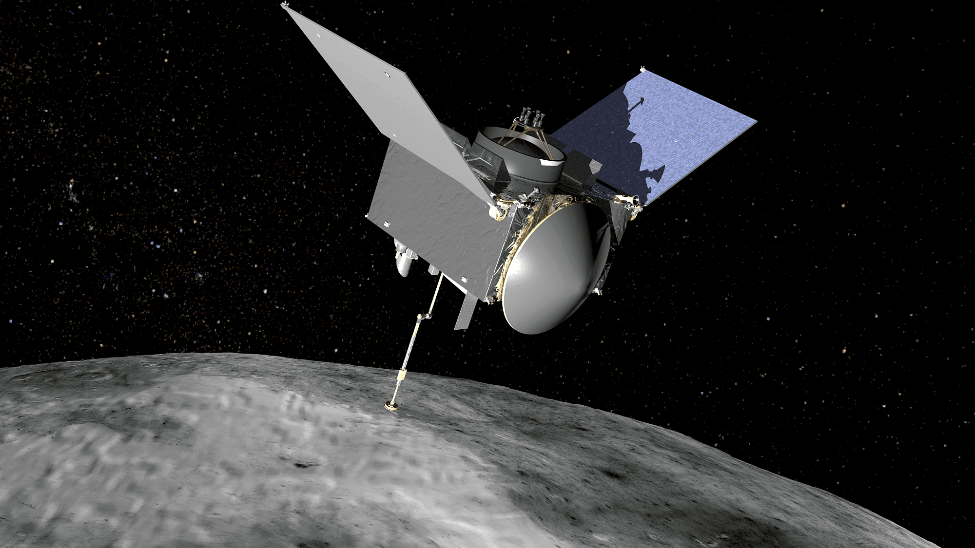 Raumsonde Osiris-Rex im Umlauf um den Asteroiden Bennu (Illustration) Raumsonde Osiris-Rex im Umlauf um den Asteroiden Bennu (Illustration)
