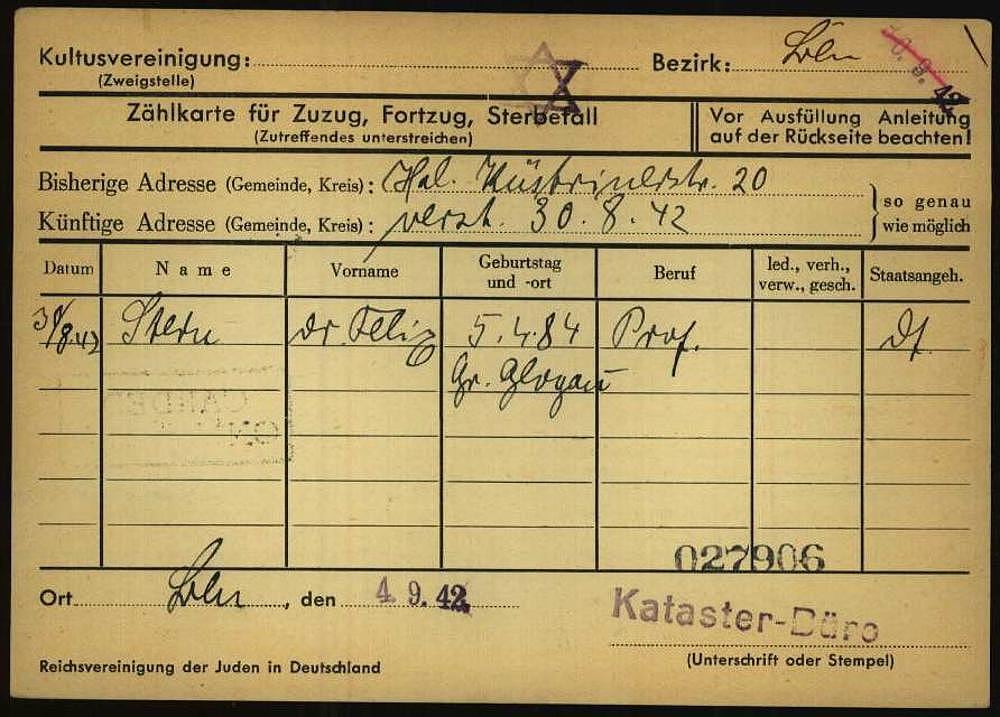 Felix Sterns Kartei bei der Reichsvereinigung der Juden in Deutschland Felix Sterns Kartei bei der Reichsvereinigung der Juden in Deutschland